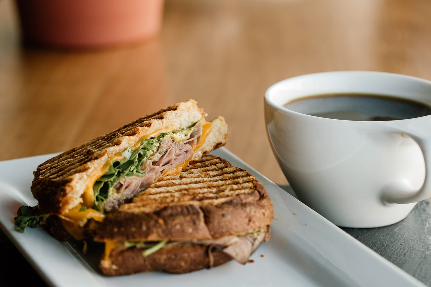 A sandwich from Ponder Coffee Company in Mt. Pleasant, Michigan; this local coffee shop roasts its own coffee and is available for purchase at two locations in Mt. Pleasant, Michigan.