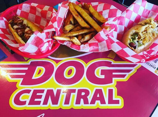 Two hot dogs and a basket of french fries from Dog Central, a hot dog restaurant in downtown Mt. Pleasant, Michigan.